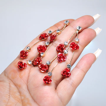 Red Rose Shower On Gold Vine Bridal Earring, Bridal Earrings, Rose Dangle earring, Bridesmaid Earring